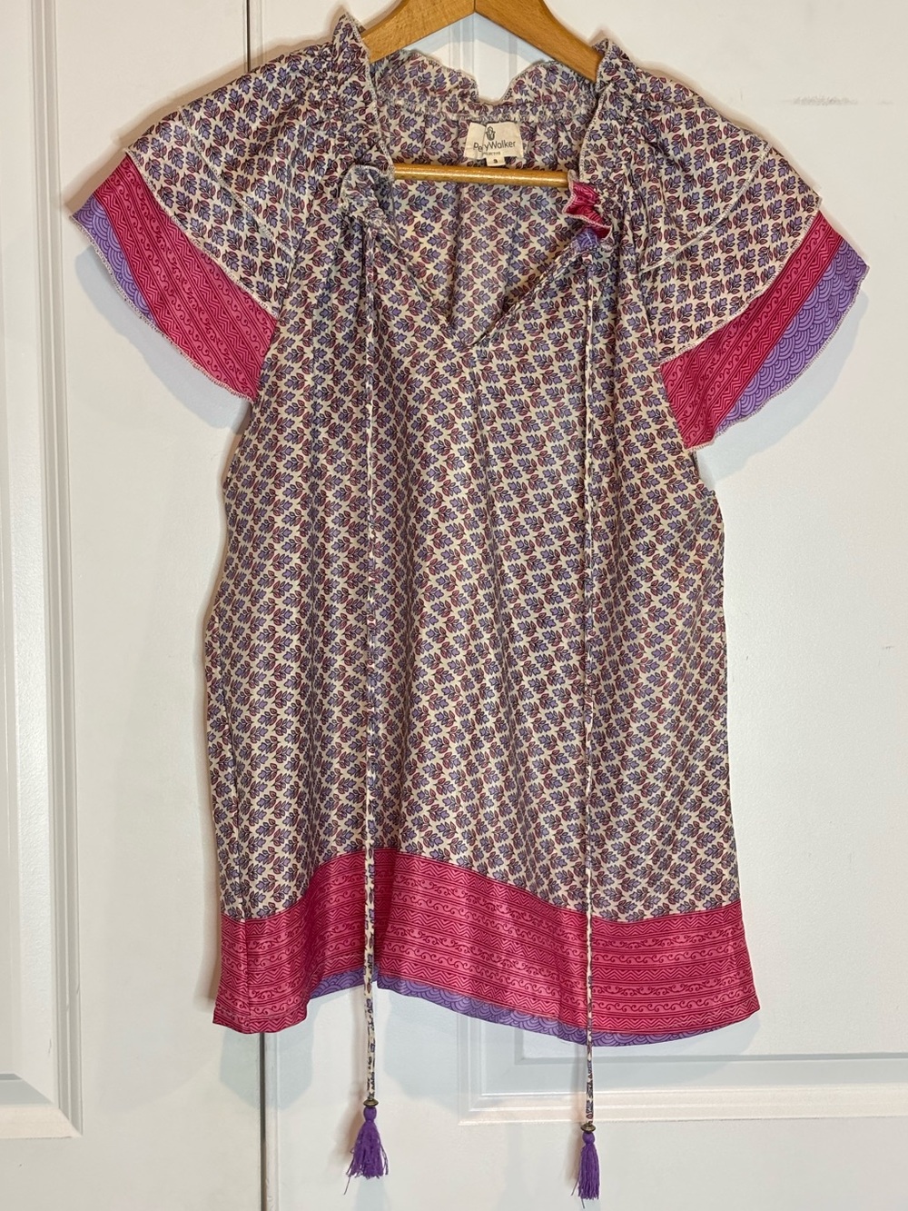 Perry Walker Collective Varina Pink Purple Silk Blend Boho Short Sleeve Top 3/L